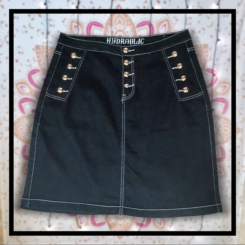 Hydraulic Button Detail High Rise Denim Skirt